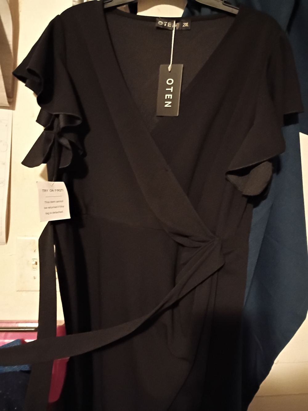 OTEN Black Midi Wrap Dress with Ruffle Sleeves
